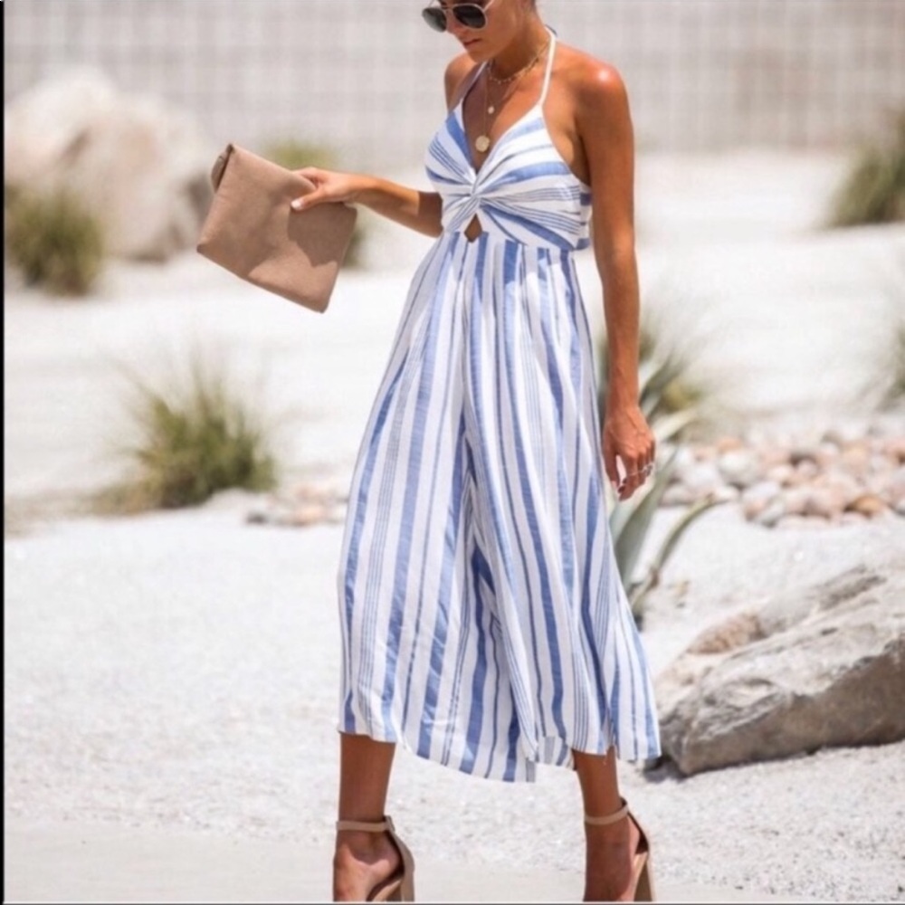 SKYLAR & MADISON NAVY AND TAN STRIPED HALTER JUMPSUIT